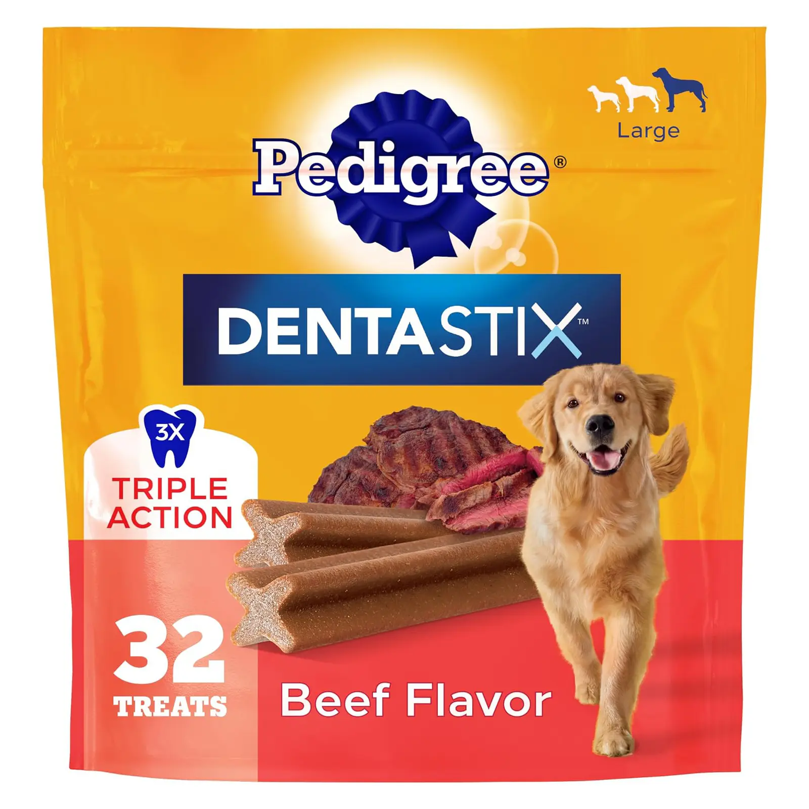 Pedigree Dentastix Large Breed Dental Dog Treats, Beef Flavor, 32 Count Triple action dental care, reduces tartar, cleans teeth, freshens breath, for dogs 40+ lbs, no added sugar/fillers