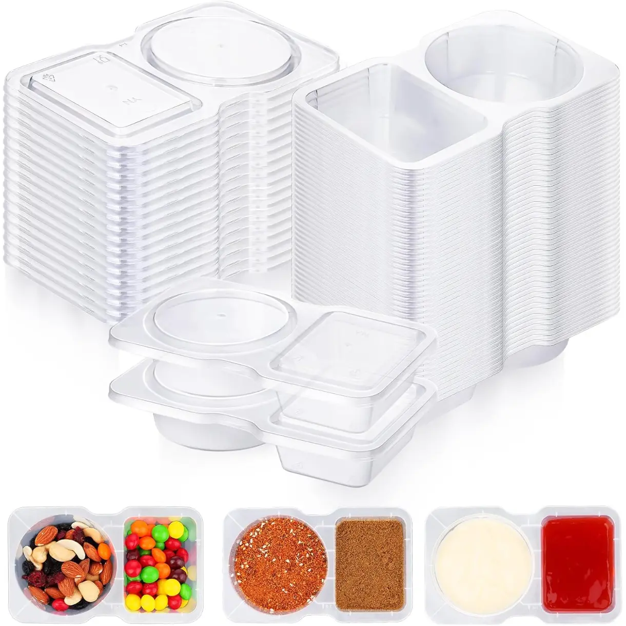 50 Pack Double Compartment Condiment Containers with Lids, Disposable 2 Compartment Snack Containers, Small Plastic to go Cups for Sauce Dressing Dip, Reusable Mini Snack Pack Container, 60+70ml