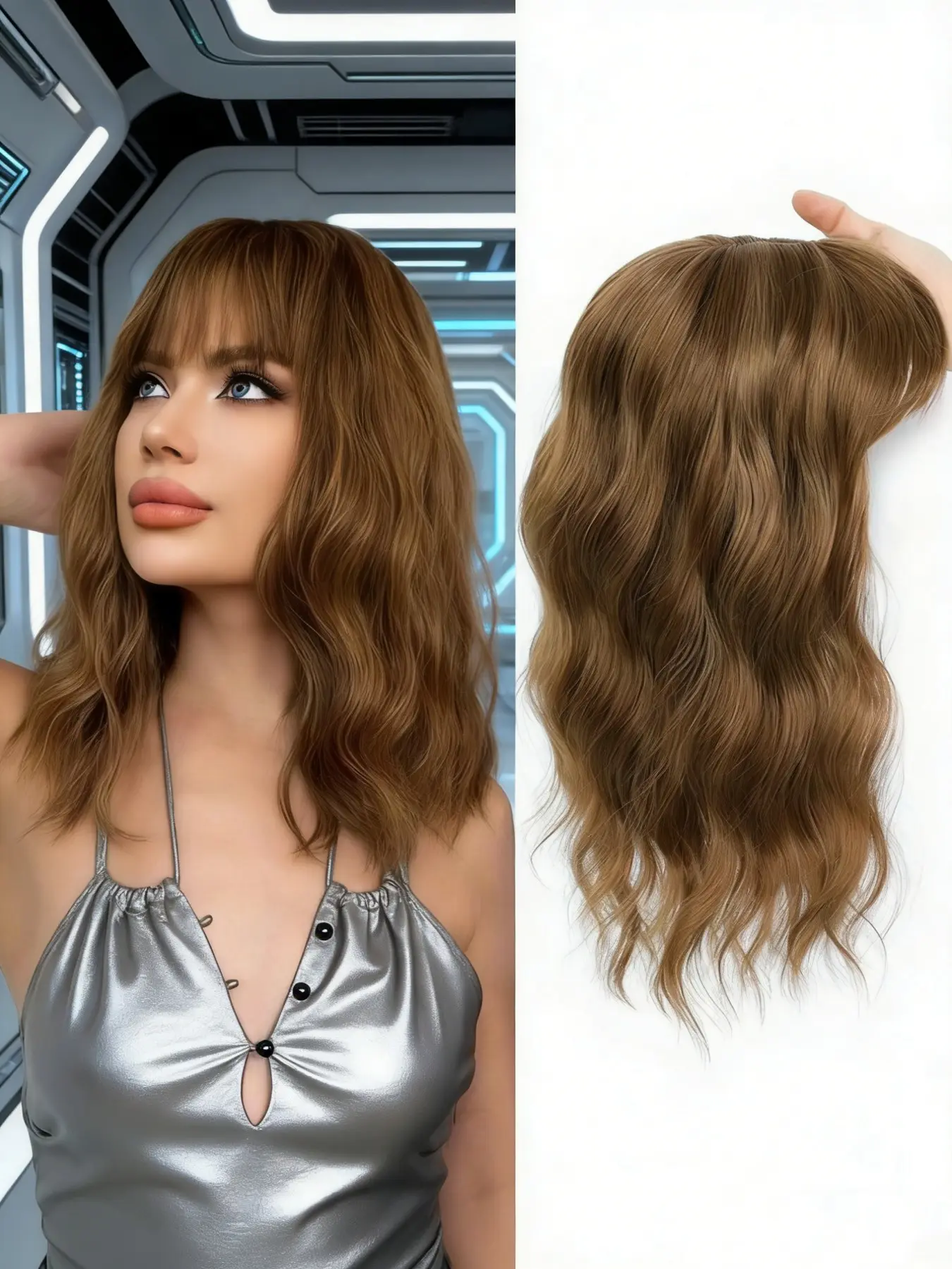 Get that head-turning wavy bob instantly! Our chestnut brown hair topper with bangs adds volume, blends seamlessly, and gives you salon-worthy loose waves for a bold, edgy everyday look. Glueless Wavy Wig