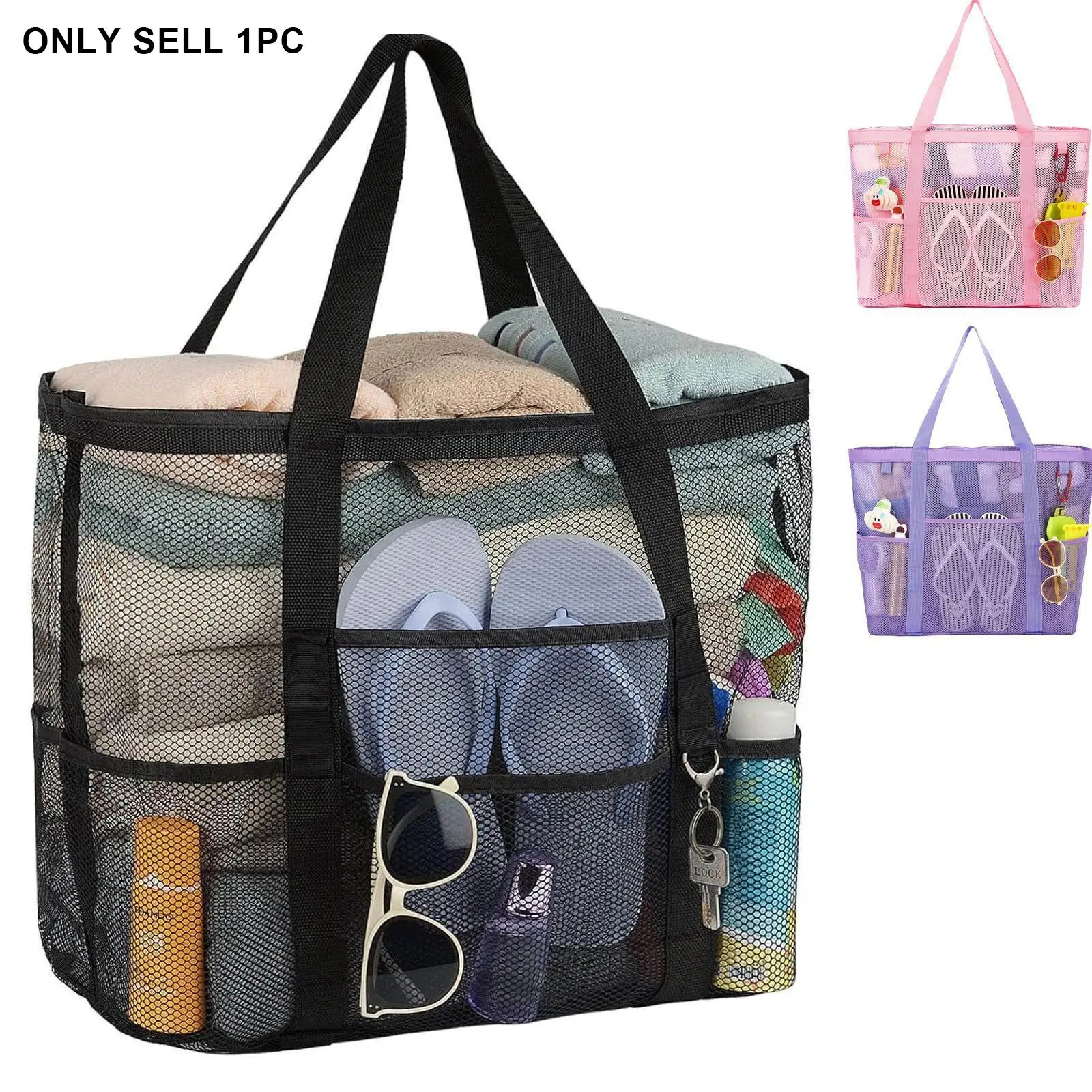 Foldable Large Capacity Beach Bag - w/ Waterproof Phone Pouch & Side Pockets, Lightweight Breathable Nylon (Beach Vacation Essential) Necessity Bag Travel Essentials Bag