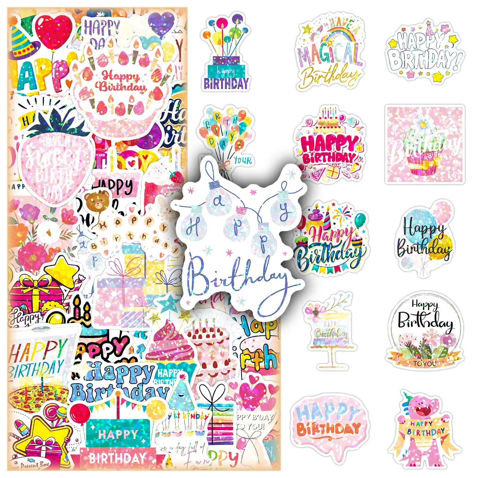 100 Sheets Holographic Birthday Stickers (2 Repeating Sets), Adhesive Stickers, Cute Cartoon Party Decorations, Scrapbook Supplies for Journaling, Gift Wrapping