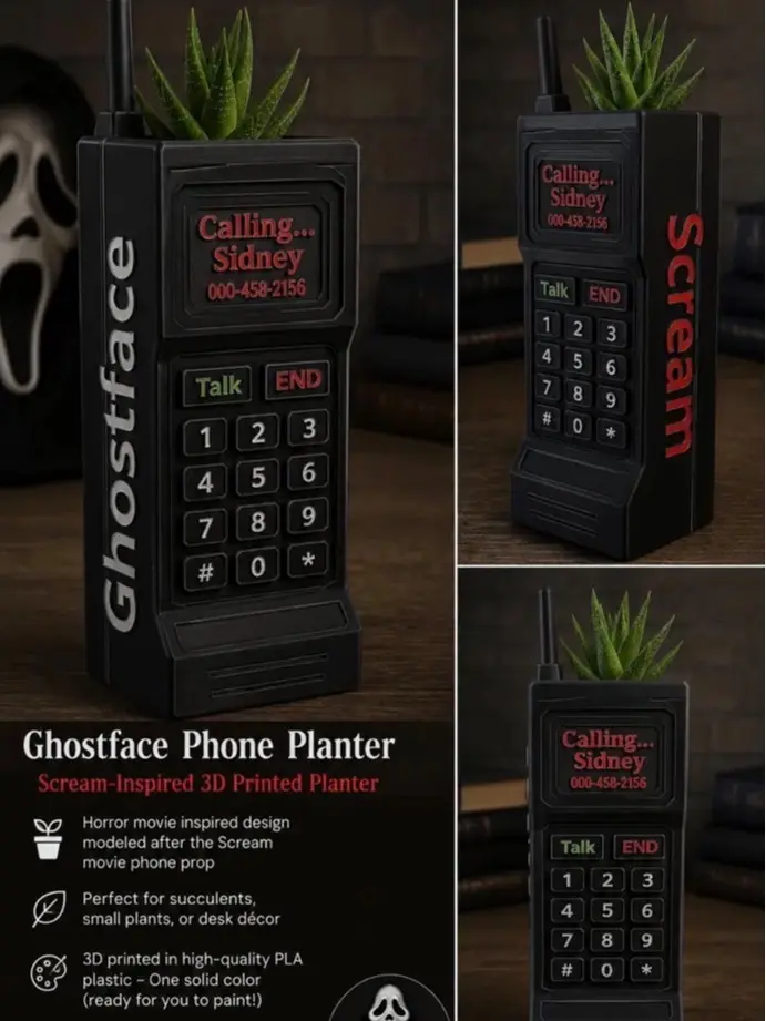 Scream Inspired Ghost Face Brick Phone Planter | Horror Movie Decor | 3D Printed Succulent Pot | Gothic Desk Planter | Gift for Horror Fans