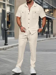 Two-piece Set Men's Solid Button Front Shirt & Pants Set, Regular Fit Casual Short Sleeve Pocket Top & Drawstring Waist Trousers, Men's Summer Clothes, Menswear