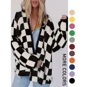 Plus Size Plaid Print Drop Shoulder Cardigan, Casual Long Sleeve Open Front Knitwear for Fall & Winter, Women's Plus Clothing for Daily Wear