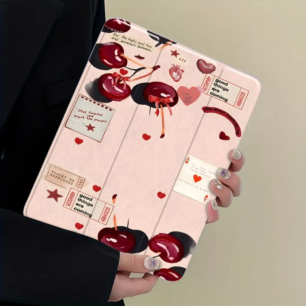 Retro Cherry Collage iPad Protective Case, Tablet Casing, Protective Cover Auto Wake/sleep, Anti-Drop Scratch-Resistant, Transparent Acrylic Back, Fits iPad 7.9/10.2/10.5/10.9/11/12.9 inch, Shock-resistant Full Cover Protective Case, iPad Accessories
