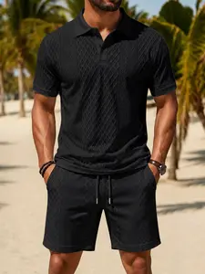 Men's Summer Casual Sports Set, Rhombus Pattern Textured Fabric, Breathable Design, Ideal for Vacation and Daily Wear