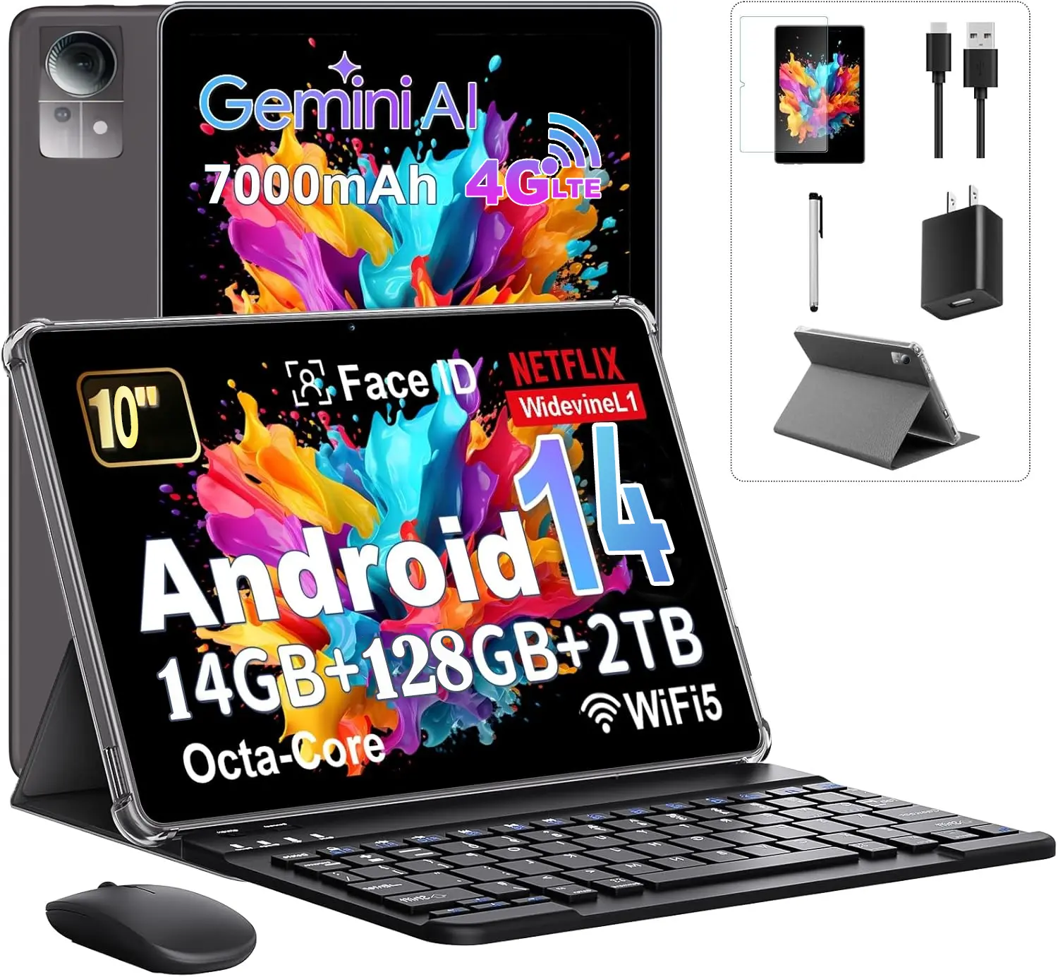 10.1-Inch 2-in-1 Android LCD Tablet 2026, 4G LTE Dual SIM Phone Tablet with Keyboard, Mouse & Full Case, 14GB+128GB (1TB Expandable), Octa-Core, 5G WiFi, 7000mAh Battery, Face Unlock