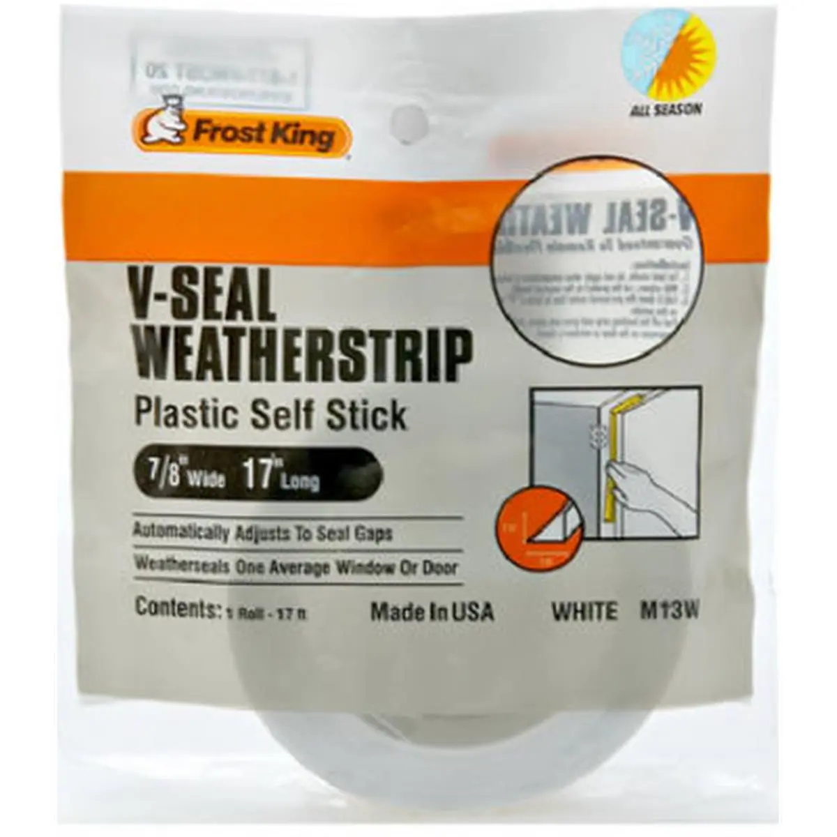 Frost King V-Flex Self-Adhesive Polypropylene Weather Strip for Sealing Doors and Windows, White, 7/8 in. x 17 ft., Seal Doors, Weatherproof, Adhesive Back, Doors & Windows