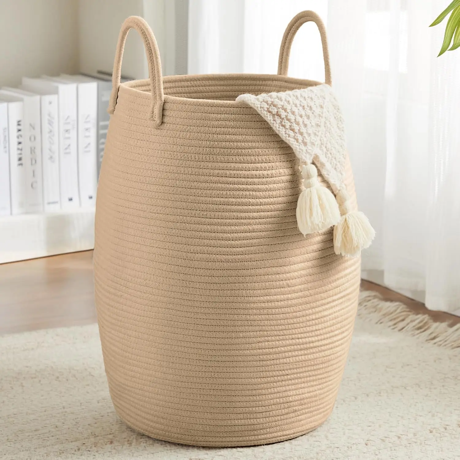 Single Bohemian Large Foldable Laundry Hamper Basket 55.88cm Tall Fabric Oval Storage with Extendable Handle, Space Saving for Room, Dorm