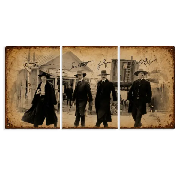 Tombstone Movie 3 Panel Split Vintage Canvas Wall Art, Wyatt Earp，Virgil Earp, Morgan Earp， Doc Holliday Old West Western Cowboy Canvas Print, Aged Sepia Antique Photo Framed Canvas, Man Cave Garage Bar Decor, Classic Western Movie Fan Gift Painting