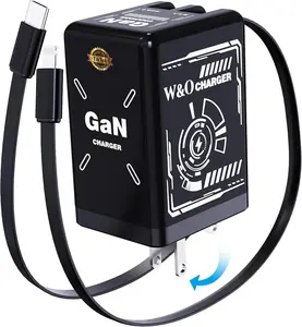 2-in-1 GaN Compatible with Fast Charger, GaN Charger Fast Charging, Retractable Phone Chargers Wall Plug with Lightning and Type-C Cables, Foldable Chargers for iPhone&Most Android,