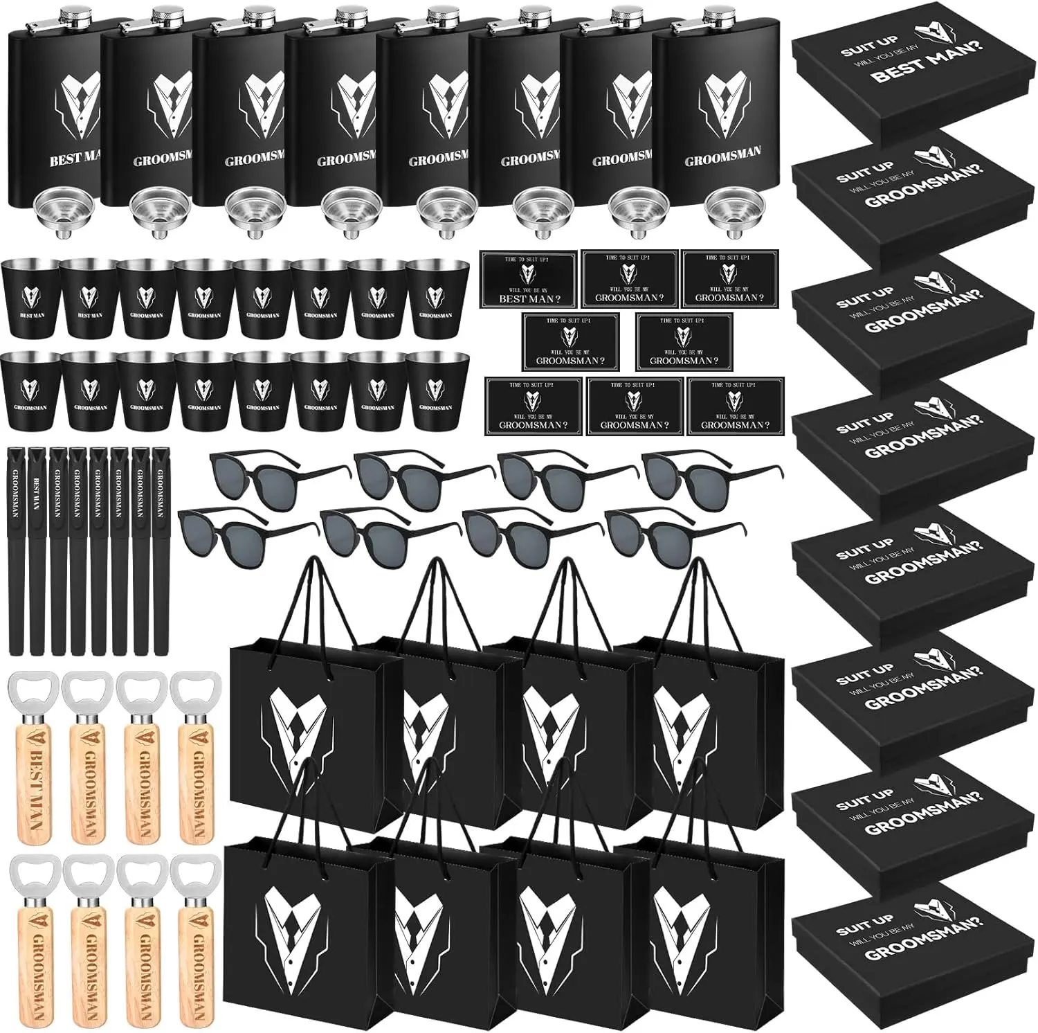 80 count Groomsmen Gifts Set of 8, Groomsmen Proposal  Set, 8 Flask and 16 Stainless Steel Shot Glass 8  Bottle Opener 8 Pen 8 Sunglasses with 8 Card 8 Box 8 Bag for Wedding Party