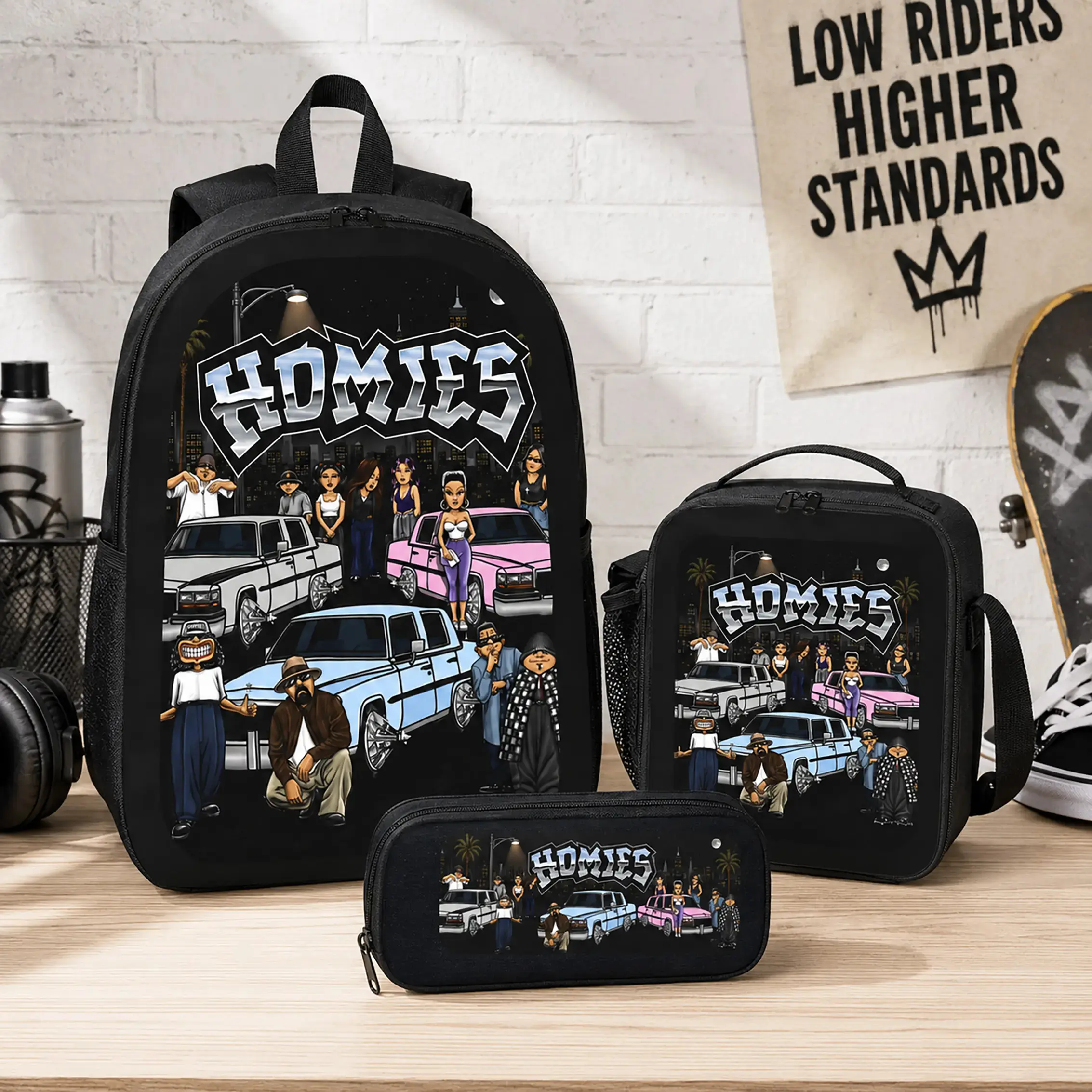 HOMIES Unisex 3-Piece Polyester Backpack Set - Large Capacity, Lightweight, Breathable, Lowrider Art Graphic, Urban Street Style, with Lunch Bag & Pencil Case for School/Travel (Kids Teens Students), Zipper