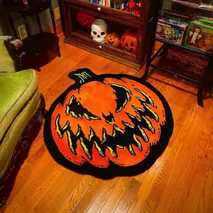 Halloween Pumpkin Head Print Carpet, American Retro Style Washable Soft Rug for Living Room Bedroom Balcony Outdoor Use
