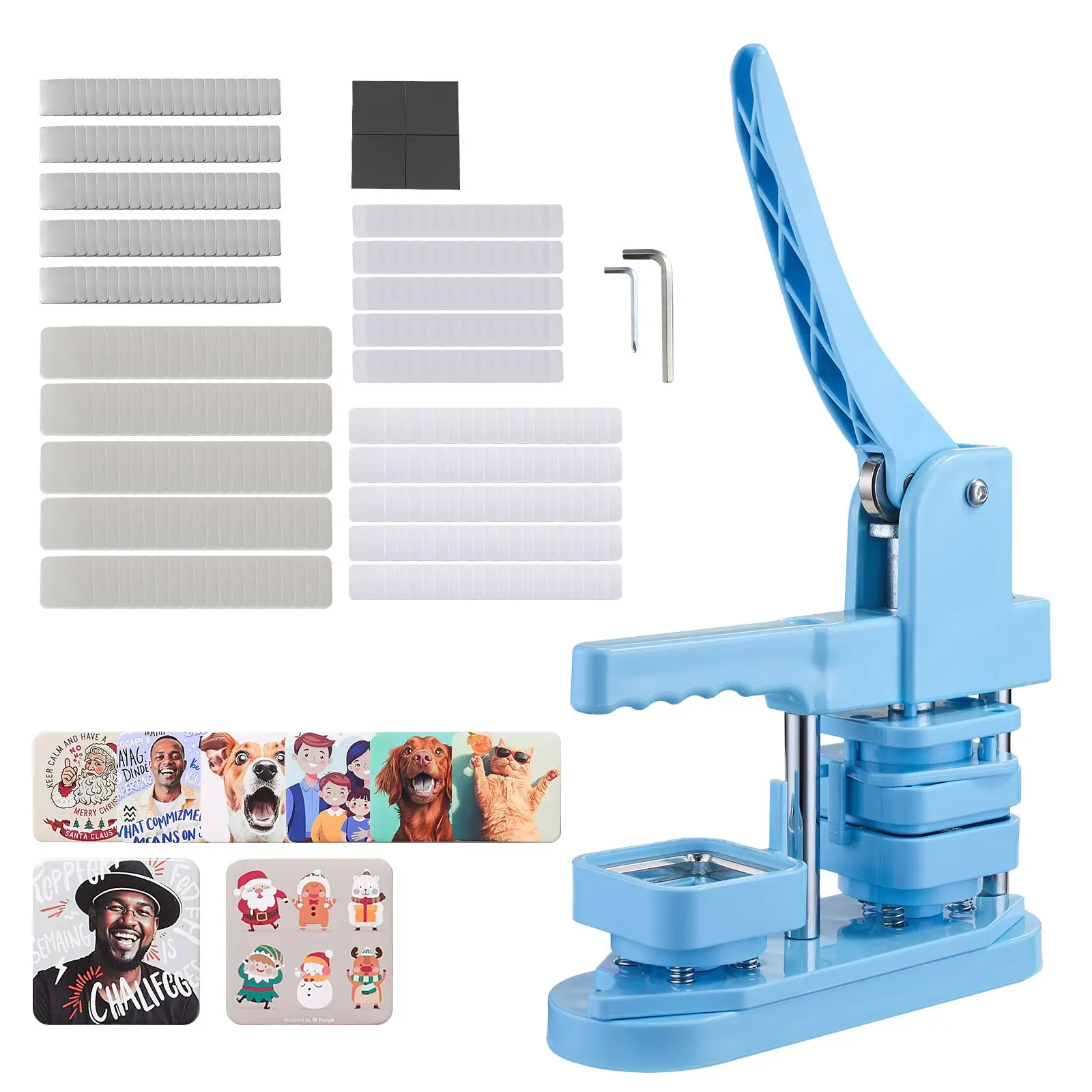 【Summerfinds】VEVOR 50x50mm Square Badge Making Machine, Blue ABS Body, Precision Mold, Tinplate Shell, Plastic Pin Maker Kit with Back Covers, Magnetic Backings, Transparent Films, Ergonomic Handle for DIY Badges