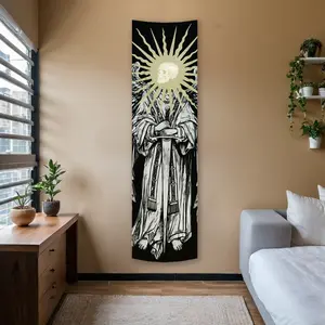Angel Sword Sun Vertical Banner Tapestry Wall Hanging Skeleton Long Narrow Wall Tapestry Golden Black And White Spooky Art Tapestries Gifts For Home Decor Enthusiasts Polyester Stitched Edges Home Decor, Goth Home Decor