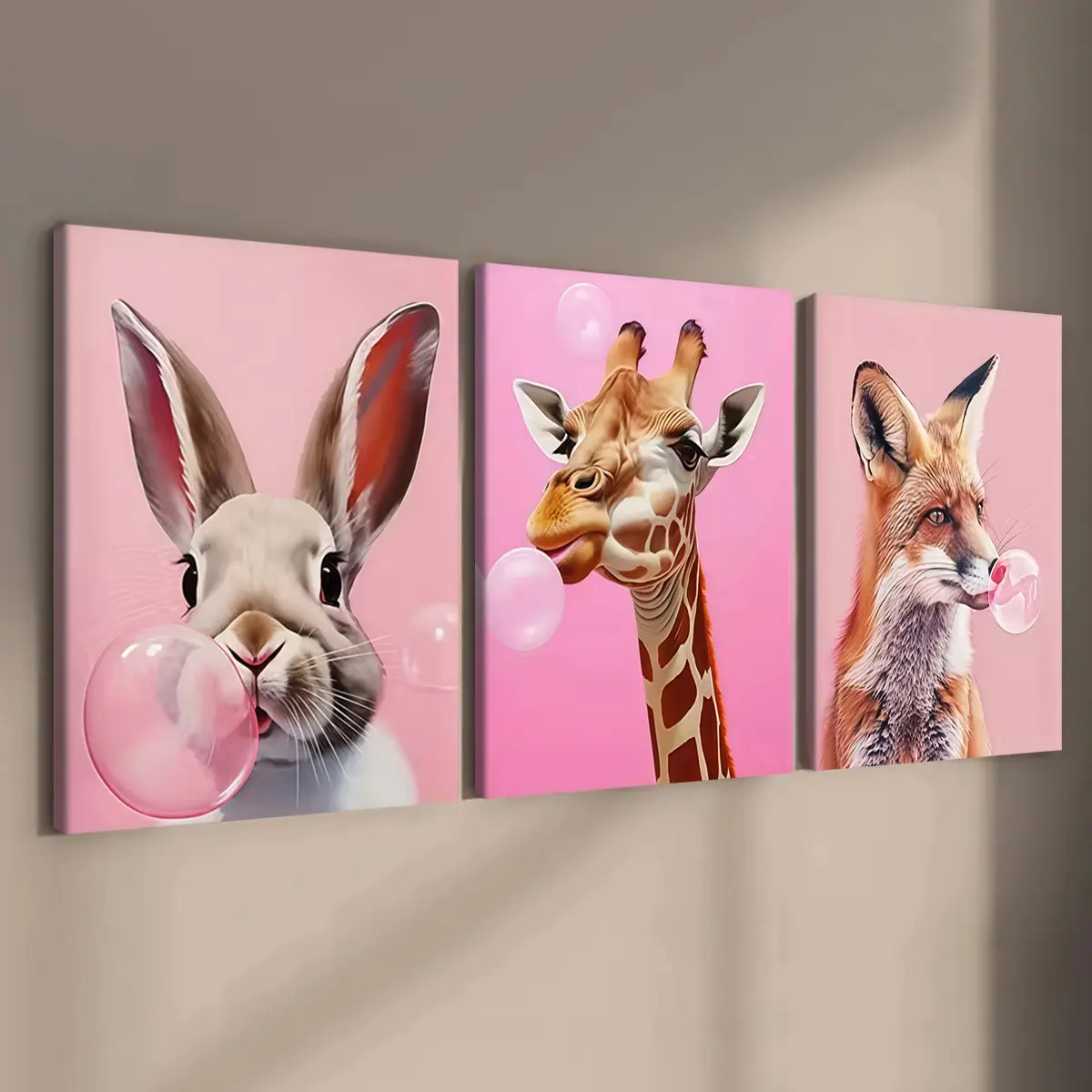 3-count wooden frame canvas, pink cute pet bubble-blowing three-piece decorative poster, perfect living room and bedroom decoration, Modern Home Decor, fashionable family poster, modern wall art