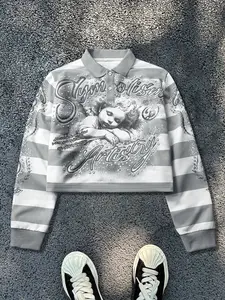 American Street Style Angel Print Round Neck Fitted Long Sleeve Hooded Sweatshirt, Trendy Casual Short Cropped New Arrival, Unisex Fashion Clothing, Tops