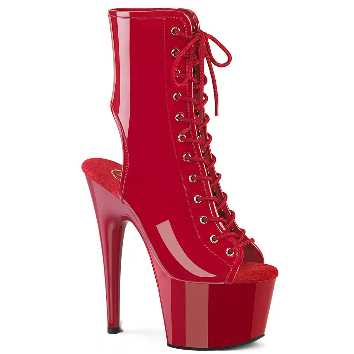 Pleaser Women's Adore-1016 Patent Leather Ankle Boot, Elegant Open Toe Lace-Up Platform Footwear, Statement Shoes with 7" Heel and Zip for Evening, All Seasons, Inside Zip Closure, Functional Elegance