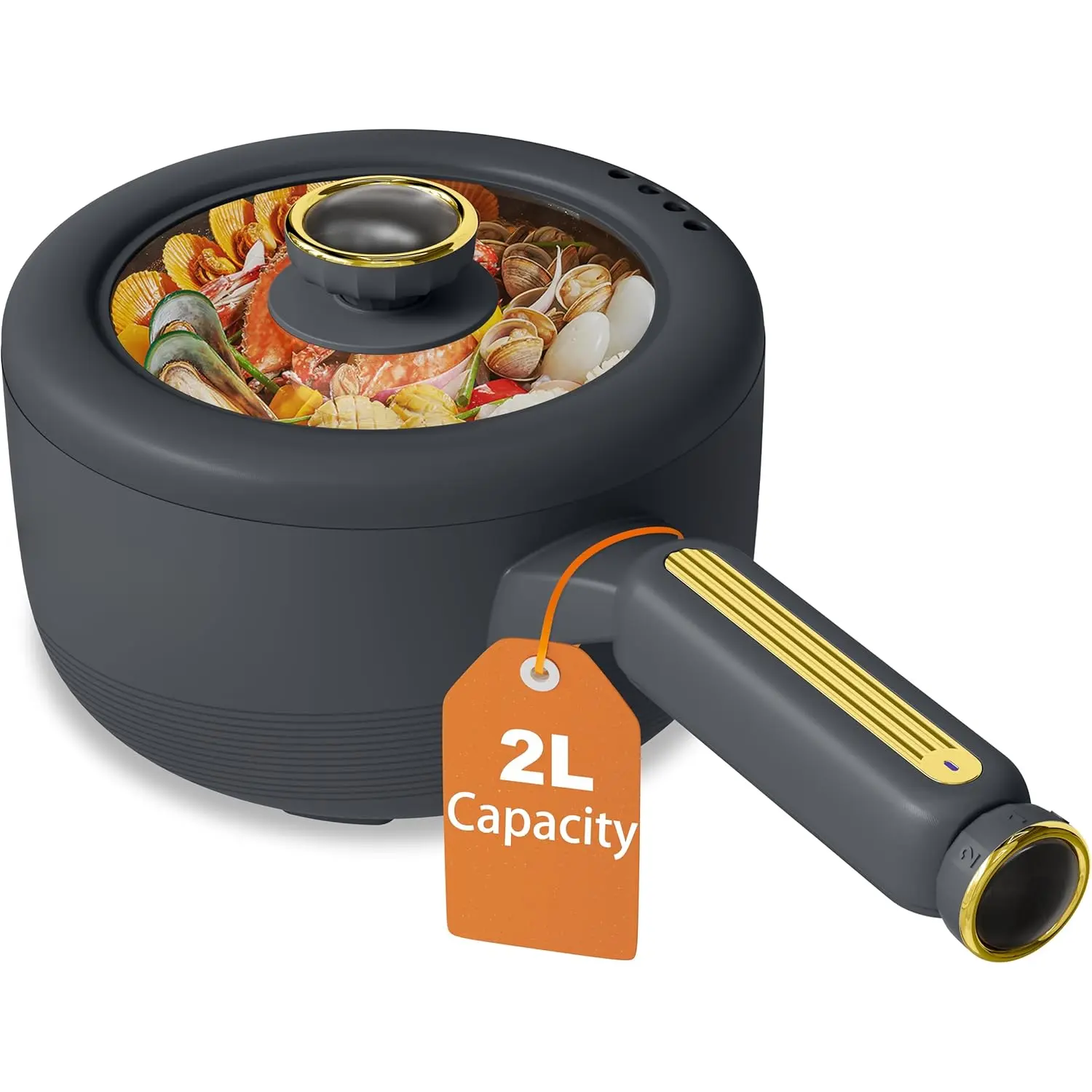 Hot Pot Electric, 2L Electric Pot, Non-Stick Saute Pan, Portable Cooker for Steak, Egg, Fried Rice, Ramen, Soup with Dual Power Control (Silicone Spatula Included), Grey