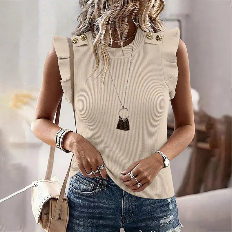 CHICME Women's Flutter Sleeve Knit Top Crewneck Golden Buttons Slim Fit Ribbed Tank Top