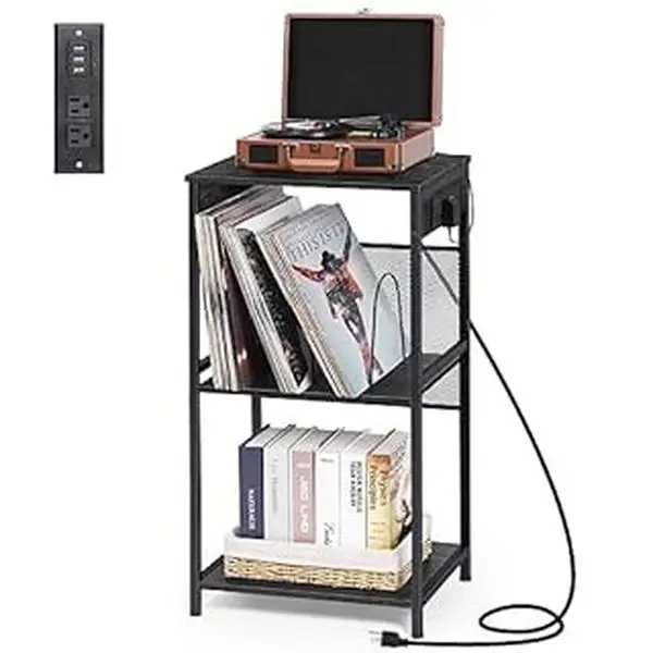 Record Player Table with Charging Station, 3-Tier Record Player Stand, Vinyl Record Storage Cabinet Turntable Stand with Record Storage