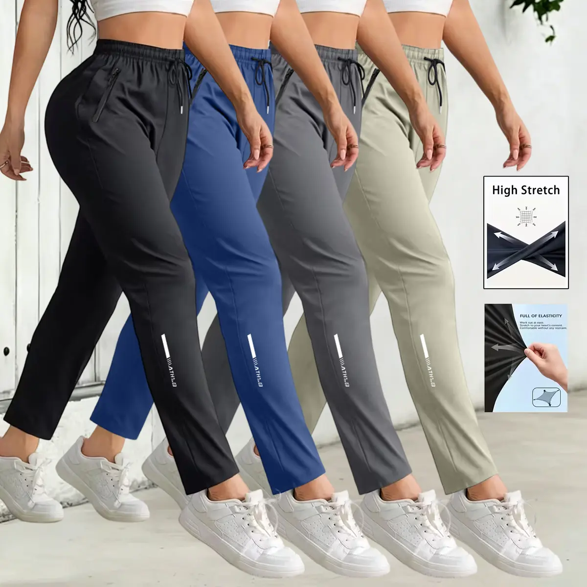 4-piece women’s fashion casual trendy set: mid-rise, comfortable solid-color straight-leg pants with drawstring waist; suitable for daily commuting and outings; slim fit that flatters figure, versatile straight-leg pants; women’s clothing, women’s pants s