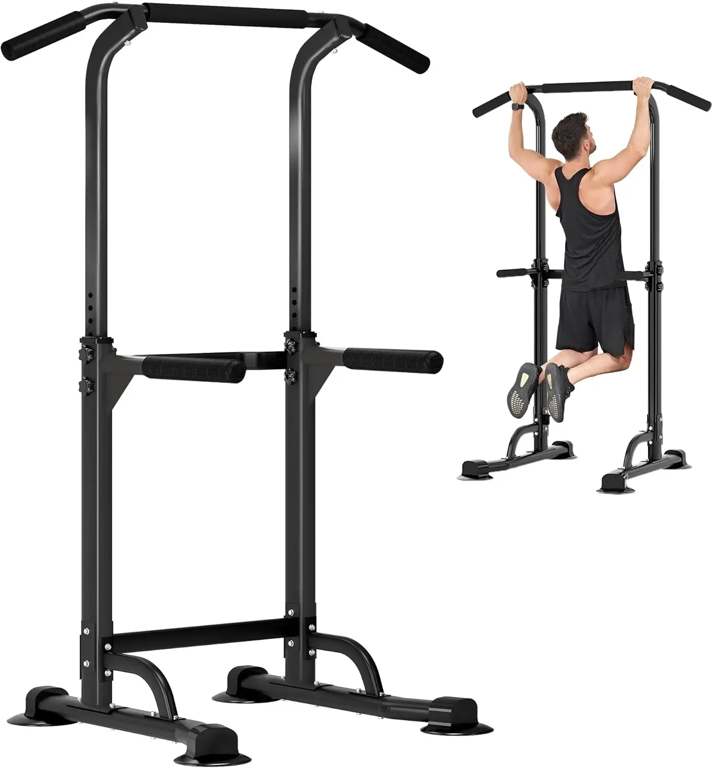 Dland 330LBS Heavy Duty Power Tower – 10-Level Adjustable Height, H-Shape Base, Suction Cups – Dip & Pull Up Station for Home Gym