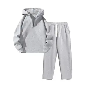 Unisex Fitted Two-Piece Sweatshirt Set with Half-Zip Hoodie & Loose Pants in Minimalist Solid Color Knit Fabric for Everyday Casual Sports