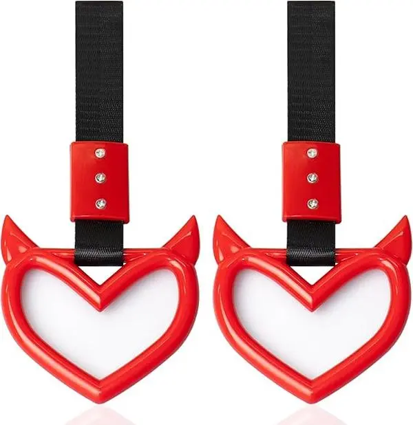 Two heart-shaped handle drift pendant keychains | Red devil-style car ornaments