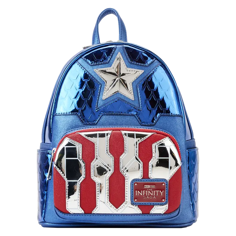 Loungefly Marvel Captain America Cosplay Mini Backpack, Metallic Vegan Leather with Iridescent Glitter and 3D Star Applique, Details