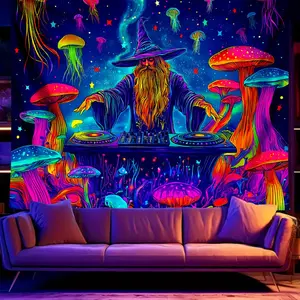 Mushroom & Jellyfish Pattern Tapestry, Durable Decorative Tapestry, 1 Count/2 Counts UV Reactive Black Light Tapestry, Party Decoration Background Cloth Tapestry, Home Decoration