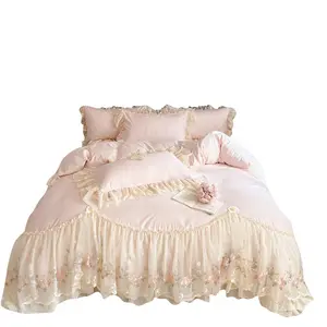 New All-Cotton Four-Piece Bedding Set 100% Pure Cotton Princess Style Lace Trim Duvet Cover Bed Sheet Bed Skirt Bedding Accessories for Cozy Bedroom Decor Luxurious Pink  comforter Luxury All-Season Hypoallergenic soft