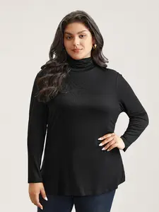 BLOOMCHIC Women's Plus Size Supersoft Plain Collared Neck Long Sleeve Knit T-Shirt - Knitting Tops with Flattering Fit Basic Black Chic Elegant M-6X 2026 Summer Vibes Fit Knitwear Swimweek