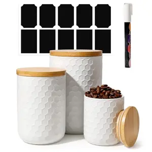 Ceramic Canisters Set of 3 with Airtight Bamboo Lid, Honeycomb Design, Sugar Flour Coffee Containers for Kitchen Countertop Food Storage Container Jars Sets
