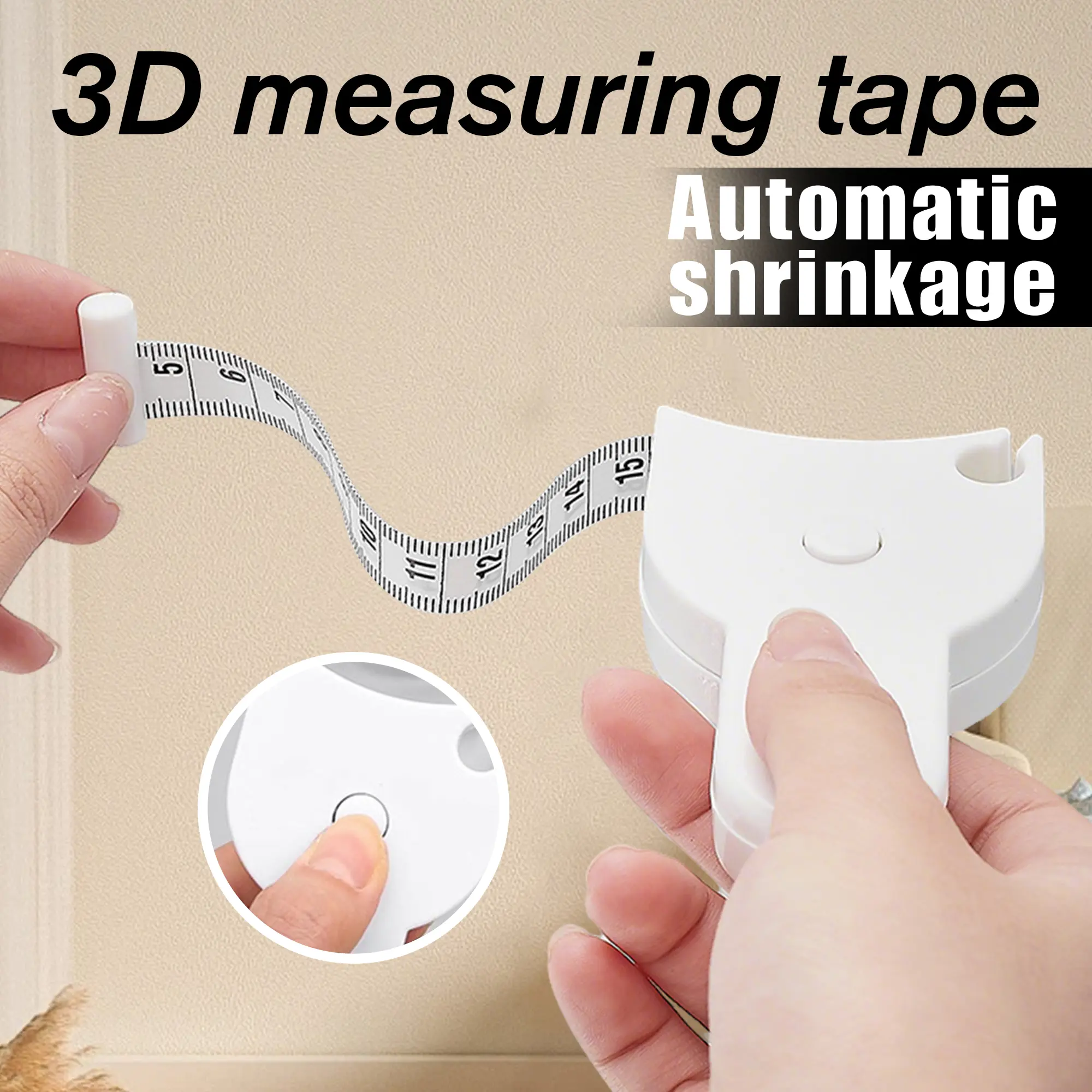 Body Measuring Tape 60 Inch, Automatic Shrinkage 3D Measuring Tape for Home and Fitness, Retractable Portable Measuring Body Tool for Waist Arms Hip, White