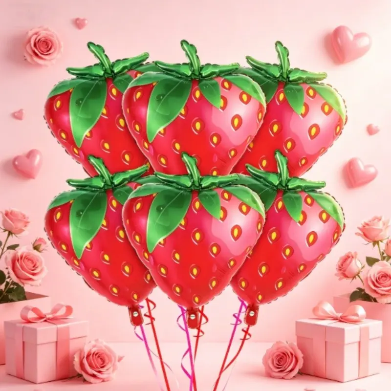 6pcs Cute Strawberry Aluminum Foil Balloons, 25.5 Inch 3D Fruit Shape, Self-Seal, Easy to Inflate, Summer Birthday Party Decor, Balloon Decorations, Durable Balloons