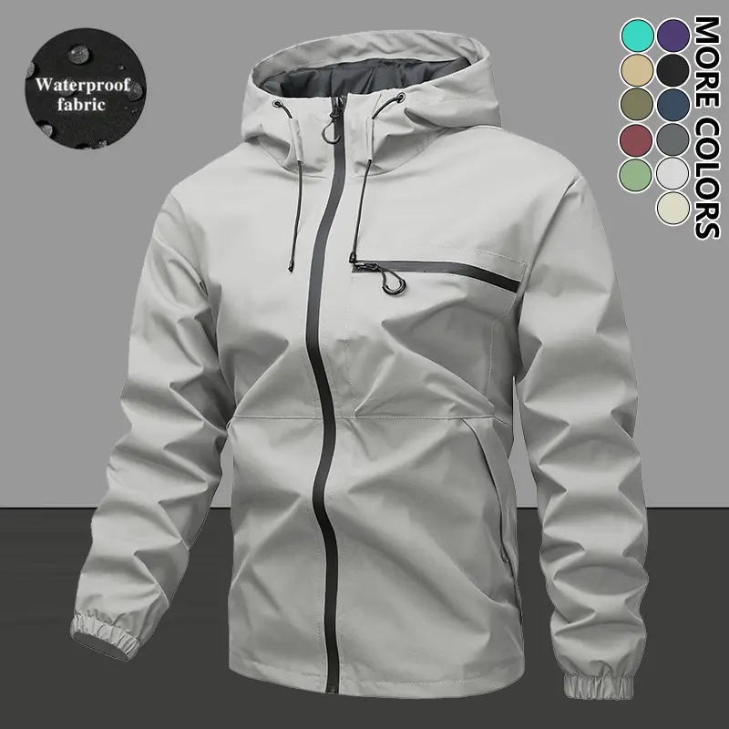 Men's Casual Hooded Jacket Zipper Windproof Coat Solid Polyester Fabric All-Season with Pockets Mountaineering Versatile for Daily Use Durable Outdoor Jacket Hiking Gear Waterproof Fabric