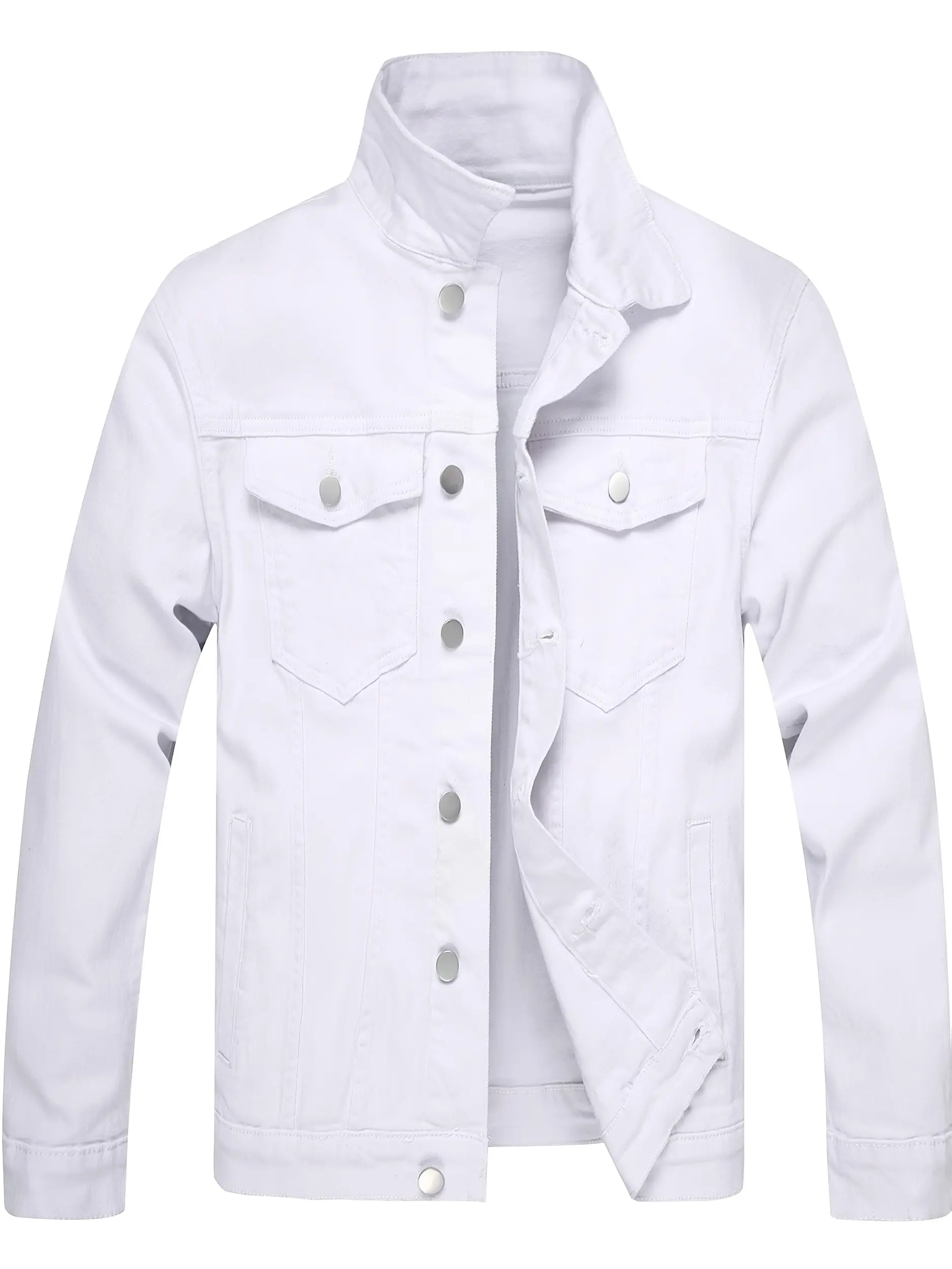 Men's Plain White Denim Jacket, Casual Retro Long Sleeve Workwear Style Top with a Classic Collar, Menswear, Coats, Aesthetic, Simple, Outdoor, Button Front, Fitted Fit, Everyday Outing