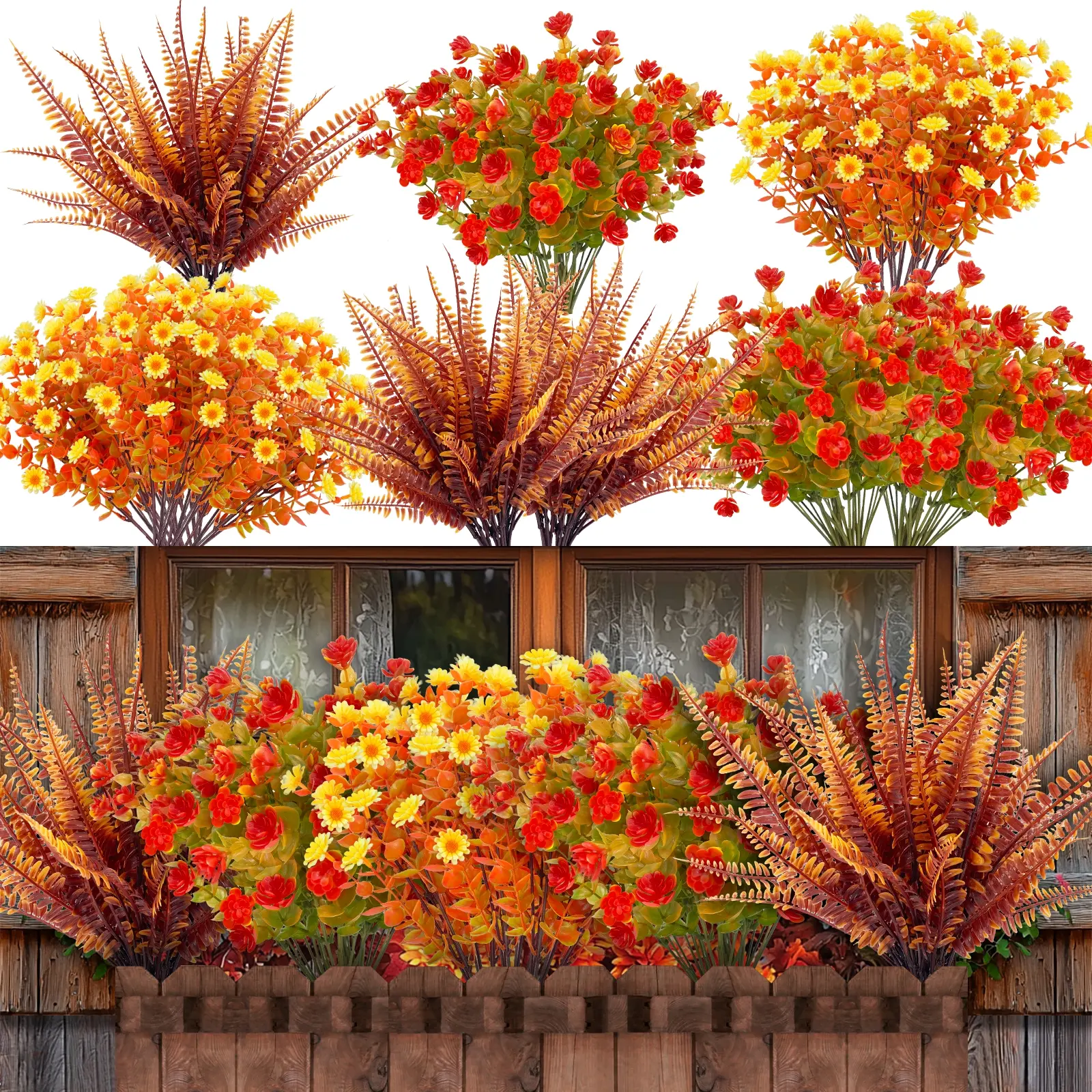 20 Bundles 3 Styles Artificial Fall Flowers for Outdoors Fall Decorations, UV Resistant Fake Mums Faux Plants Plastic Flowers for Outdoor Garden Porch Patio Fireplace Home Autumn Thanksgiving