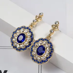 Women's Vintage Golden Cluster Flower Earrings with Blue Crystals - Statement Earrings, Ear Accessories for Decorative Sports & Outdoor Use