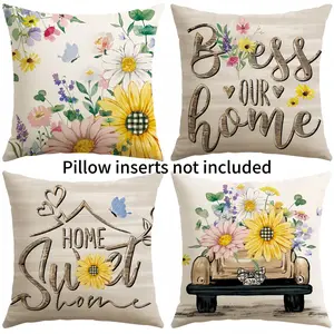 4 PCS Spring Summer Bless Our Home Floral Inviting Throw Pillow Covers 16x16 Inch 18x18 Inch 20x20 Inch, Home Sweet Sunflower Truck Springtime Decoration Pillow Cases for Sofa Bed Room Home Decor