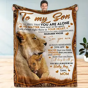 Reversible Flannel Blanket, "To My Son" Print, Warm & Comfortable, Multi-Season, All-Purpose, for Sofa, Bed, Car, Office, Camping, Travel, Fantasy Theme, Digital Print, Polyester Cover, 250-300g Fabric, Knit Construction