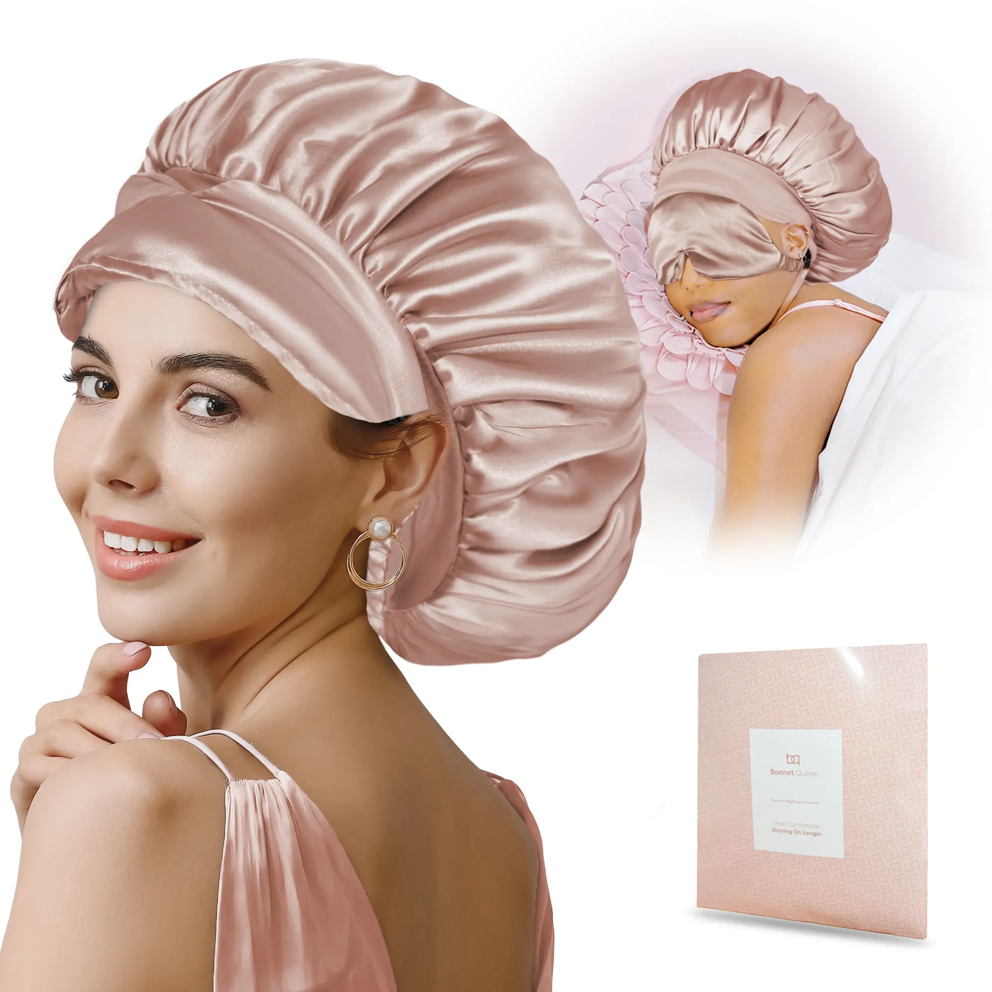 BONNET QUEEN Double Hyaluronic Acid Satin Bonnet Hat with Eye Mask for Adults - Heatless, Elastic, Breathable, Non-Slip, Adjustable for Small Head Circumference Curly Hair, Machine-Washable Haircare Gift, Satin Bonnet Hats summerwins