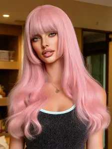 Pink wig With bangs, Loose wave wig, Wavy curl hairstyle at the temples Adjustable rose net cap Synthetic high-temperature resistant fibers, Natural Looking, Suitable for daily wear, party gatherings, role-playing-22 inches