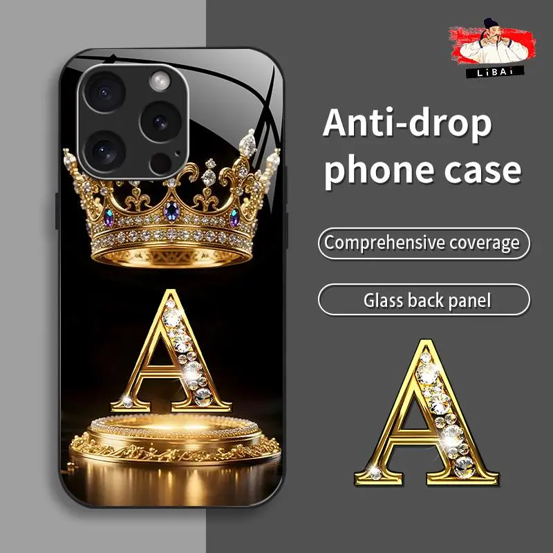 High-End Crown Gold Base Letter Glass Phone Case for iPhone 16 Pro Max, Business-Style Simple Metal-Painted Electroplated Design, Anti-Drop, Anti-Fingerprint, Affordable Mobile Phone Accessories 995
