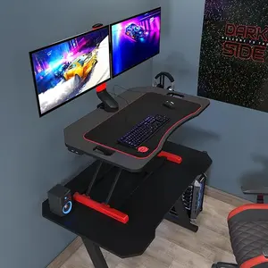 GTPLAYER Height Adjustable Gaming Desk Riser with Dual Monitor Mount, Gas Sit‑Stand Computer Stand, Carbon Fiber Surface, USB 3.0 Port, Headphone Hook, Ergonomic Home Office Workstation for Gaming & Working