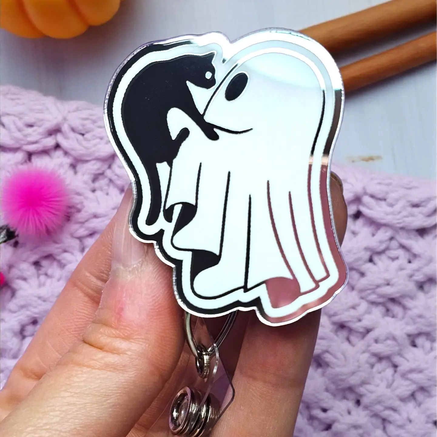 Cat and Ghost Badge Reel with Swivel Clip - Engraved Acrylic Topper - Retractable - Halloween Badge Reel for Nurses