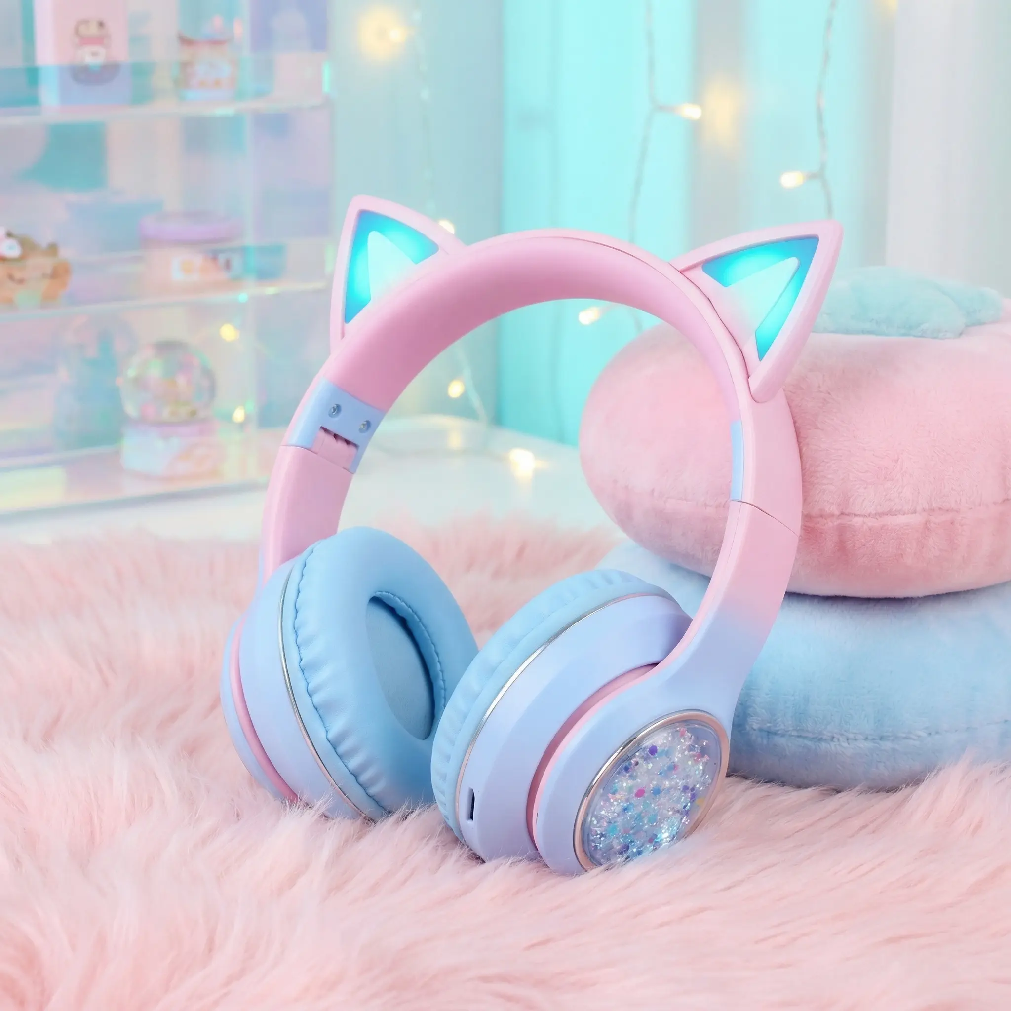 Flashing RGB Lighting Effects Cat Ears Wireless Headphones Long Lasting Colorful Wireless Headphones, Hi-Res High Resolution Sound Quality Stereo Music Headphones Phone Headphones Gifts-Pink