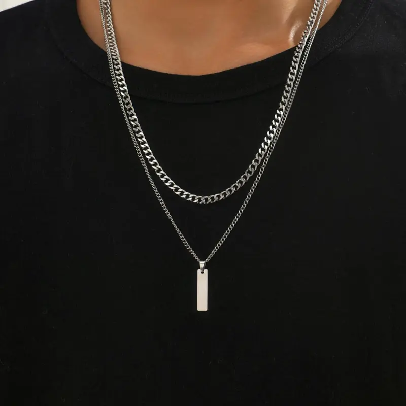 Punk Style Chunky Stainless Steel Design Necklace Set, 2pcs Simple Trendy Cuban Links Necklace for Men and Boy for Gift, Fashion Accessories for Party, Daily Clothing Decor, Layering Necklaces Fashion Accessory Necklace
